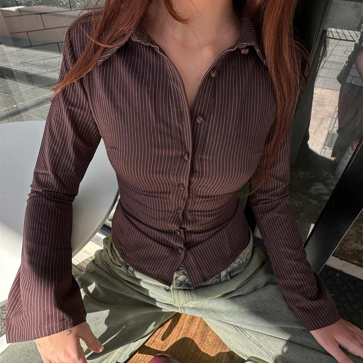 VacationGrabs Women Y2k Button Down Shirts Casual Long Sleeve V Neck Collared Slim Fit Crop Top E-Girls Coquette Vintage Blouse