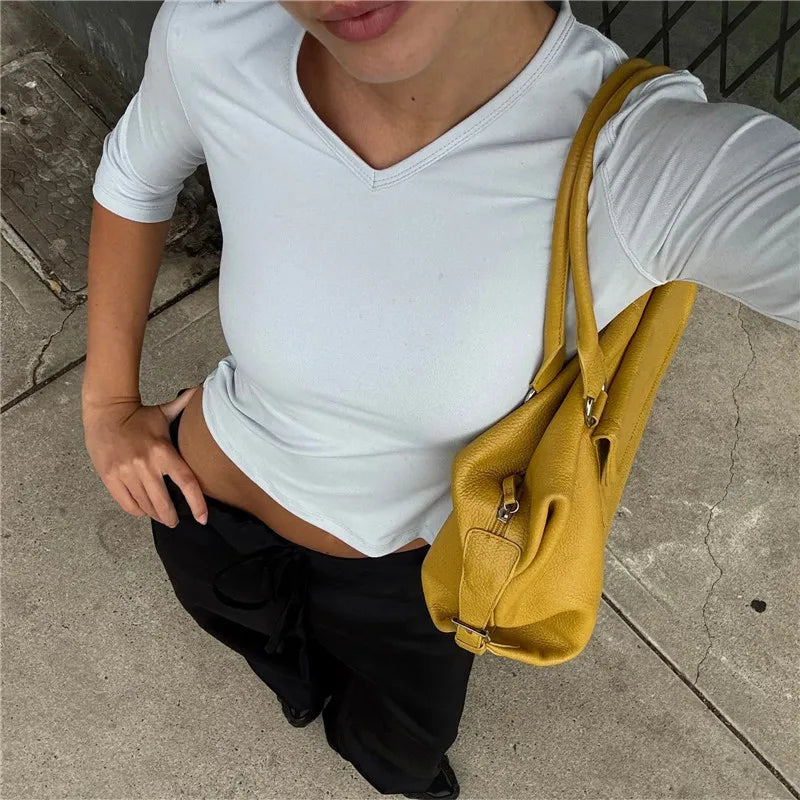 VacationGrabs Y2K Women Solid V Neck 3/4 Sleeve Cropped Top Stretchy Slim Fitted Basic T Shirt Casual Daily Short Blouse Spring Autumn