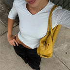 VacationGrabs Y2K Women Solid V Neck 3/4 Sleeve Cropped Top Stretchy Slim Fitted Basic T Shirt Casual Daily Short Blouse Spring Autumn