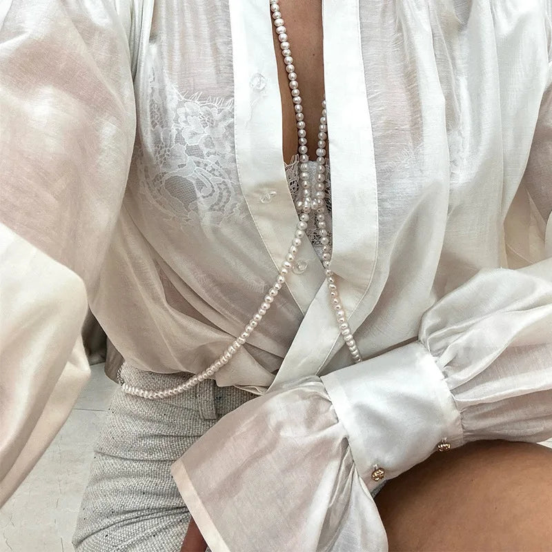 VacationGrabs Women Button Down Shirt Lightweight Loose Fit Casual Stylish Sheer Solid Color Turn Down Collar Lantern Long Sleeve Tops