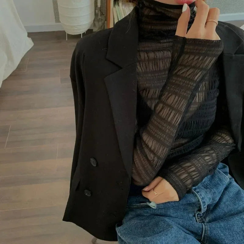 Floral Lace Layering Shirt Long Sleeve See Thru Mesh