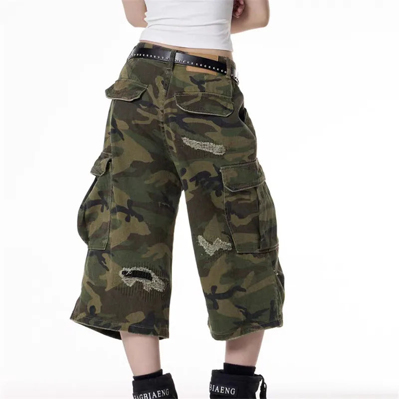 VacationGrabs Y2K Hip Hop Camo Cargo Capri Shorts Women Distressed Ripped Multi Side Pocket Baggy Wide Leg Camouflage Streetwear