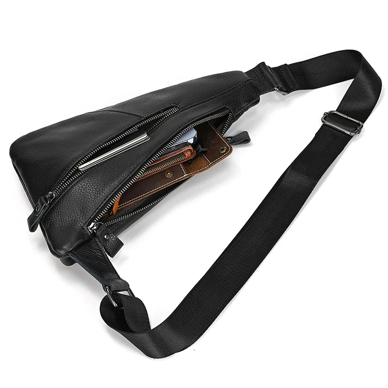 Men's Top Grade Cowhide Leather Crossbody Chest Bag Multi-Functional Shoulder Leisure Sports Casual Bag