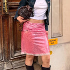 VacationGrabs Women's Fashion Midi Skirts Sequins Lace Trim Low Waist Skirts Summer Fashion Bodycon Skirts Dress Y2K Streetwear