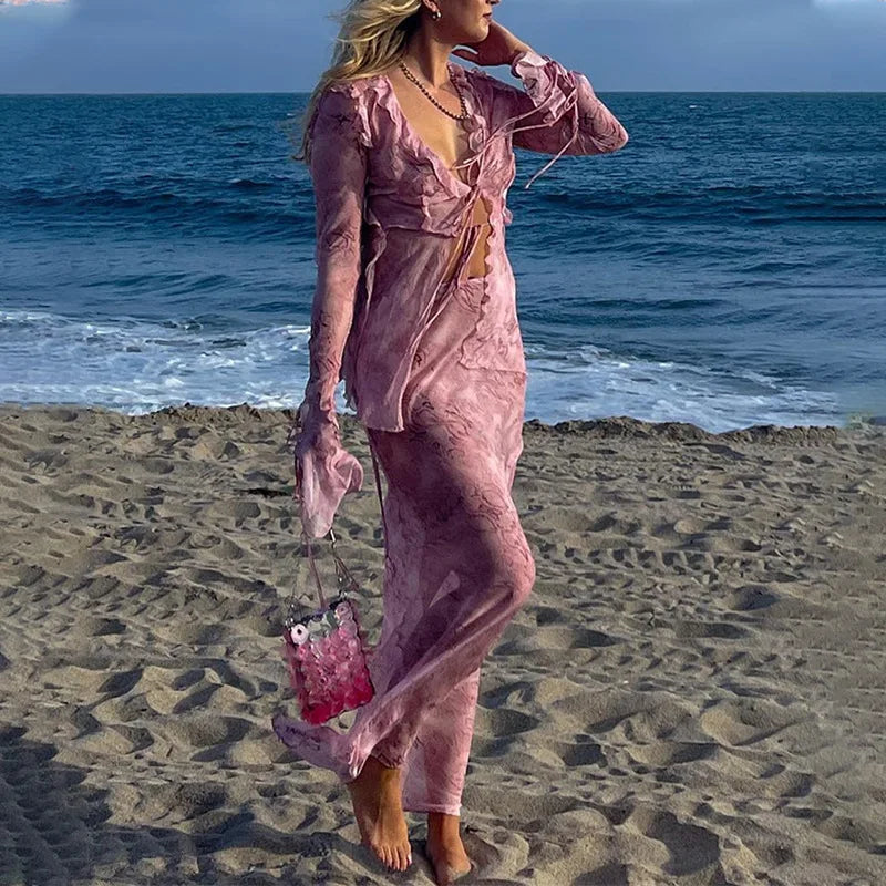 Y2K Beach Outfits Graphic Print 2 Piece Set Ruffles Mesh Front Tie Up T Shirts Crop Top + Maxi Skirt Bodycon Women Fairy Grunge