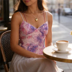 Women Floral Rhinestone Print Cami Top Thin Spaghetti Strap V Neck Cross Tie Backless Camisole Sexy Vacation Party Tank Top