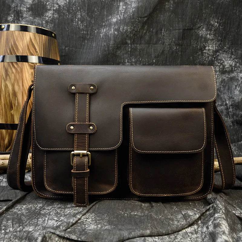 Retro Genuine Leather Laptop Shoulder Bag Business Messenger Bag - VacationGrabs