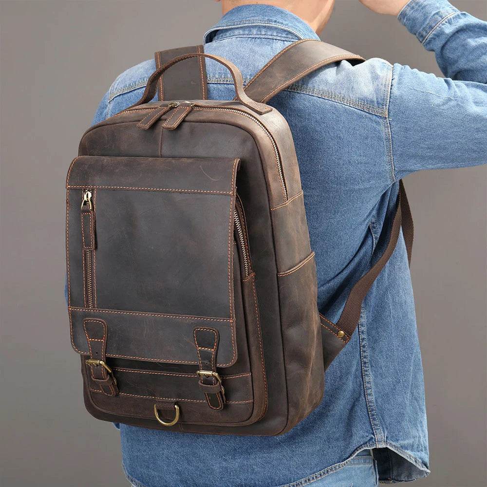 Crazy Horse Leather Men’s Laptop Backpack Travel Computer Bag - VacationGrabs