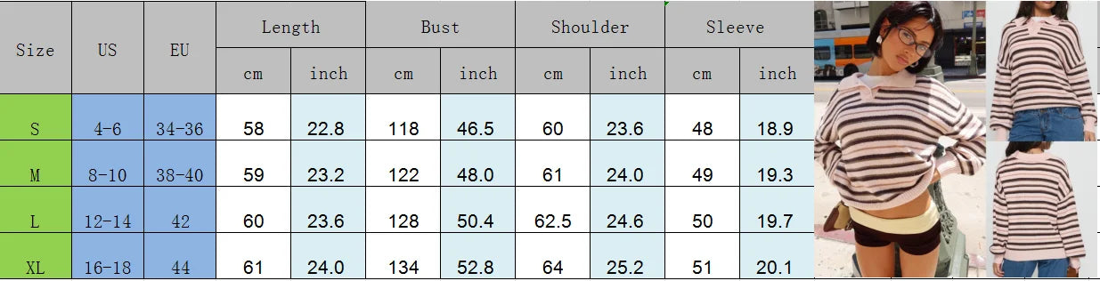 VacationGrabs Women Y2K Striped Sweater Long Sleeve Color Block Lapel V Neck Knit Jumper Tops Winter Warm Oversized Sweater