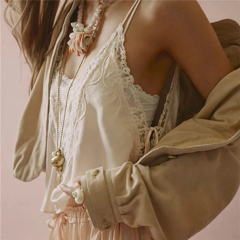 Women Lace Trim Satin Tank Tops Silk Spaghetti Strap V Neck Mesh Lace Camisole Top Y2K Flowy Going Out Layering Top