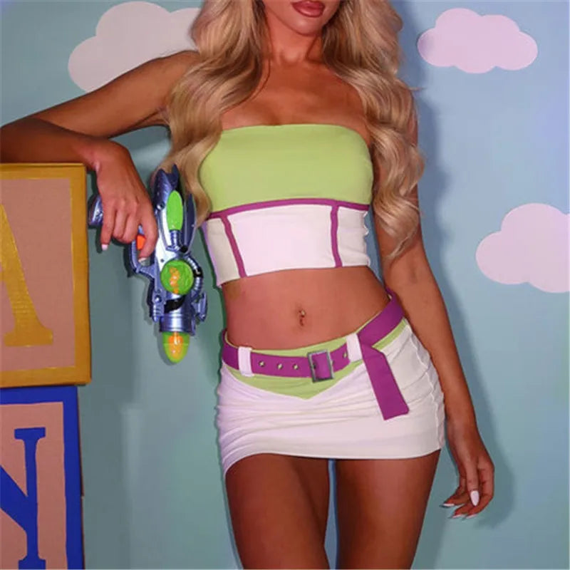 VacationGrabs Halloween Women Color Block Strapless Tube Top Ruched Mini Bodycon Skirt Set With Belt Y2K Cartoon Cosplay Costume