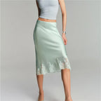 VacationGrabs Women Silk Satin Half Slip Long Skirts Lace Patchwork Elastic Waist Long Skirt Elegant Silky Flowy A Line Midi Skirts