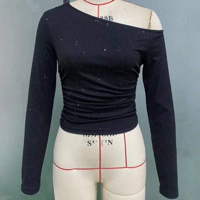 Women's Asymmetric Off-Shoulder Long Sleeve Studded Top