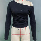 Women's Asymmetric Off-Shoulder Long Sleeve Studded Top
