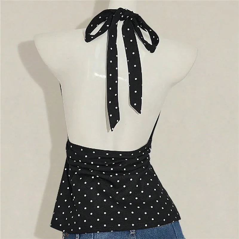 VacationGrabs Ladies Vintage Polka Dot Halter Neck Top Deep V Tie Back Sleeveless Ruched Waist Peplum Tank Top For Y2K Streetwear
