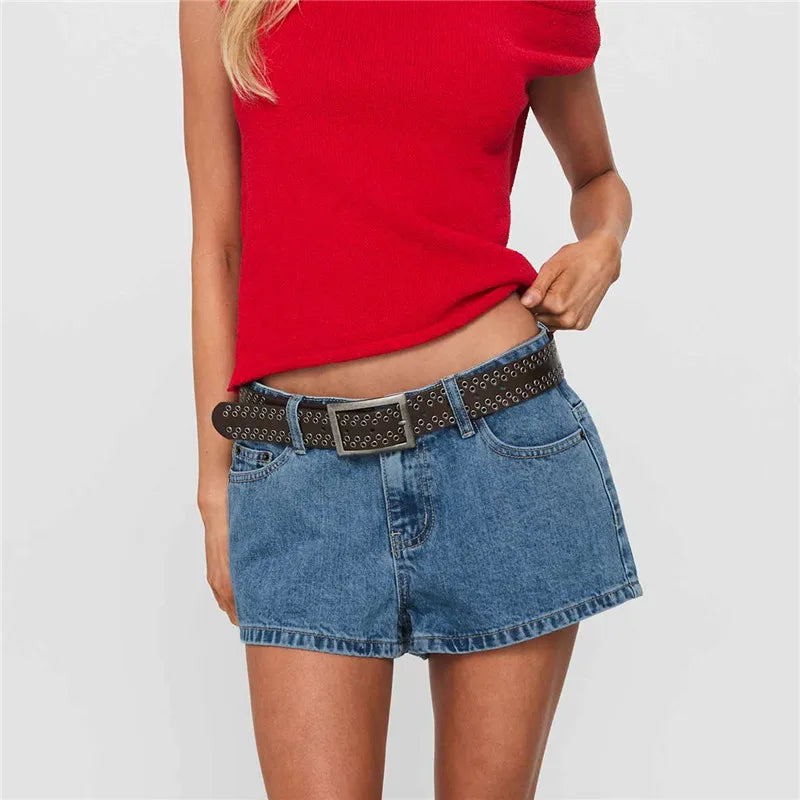 VacationGrabs Women's Mini Denim Shorts Summer Fashionable Solid Color Low Rise Jeans Shorts with Pockets Y2K Vintage Streetwear