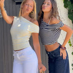VacationGrabs Asymmetrical One Shoulder Ruched Casual Draped Top Women Y2K Striped Off Shoulder T-Shirt Short Sleeve Cinched Waist Top