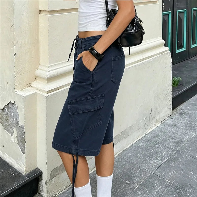 VacationGrabs Women's Y2K Low Waist Cargo Bermuda Shorts Drawstring Tie Hem Knee Length Pants with Pockets Casual Loose Fit Streetwear