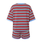 VacationGrabs Striped Two Piece Outfit Women Contrast Trim Oversized Short Sleeve Tee And Elastic Waist Shorts Casual Loungewear Set