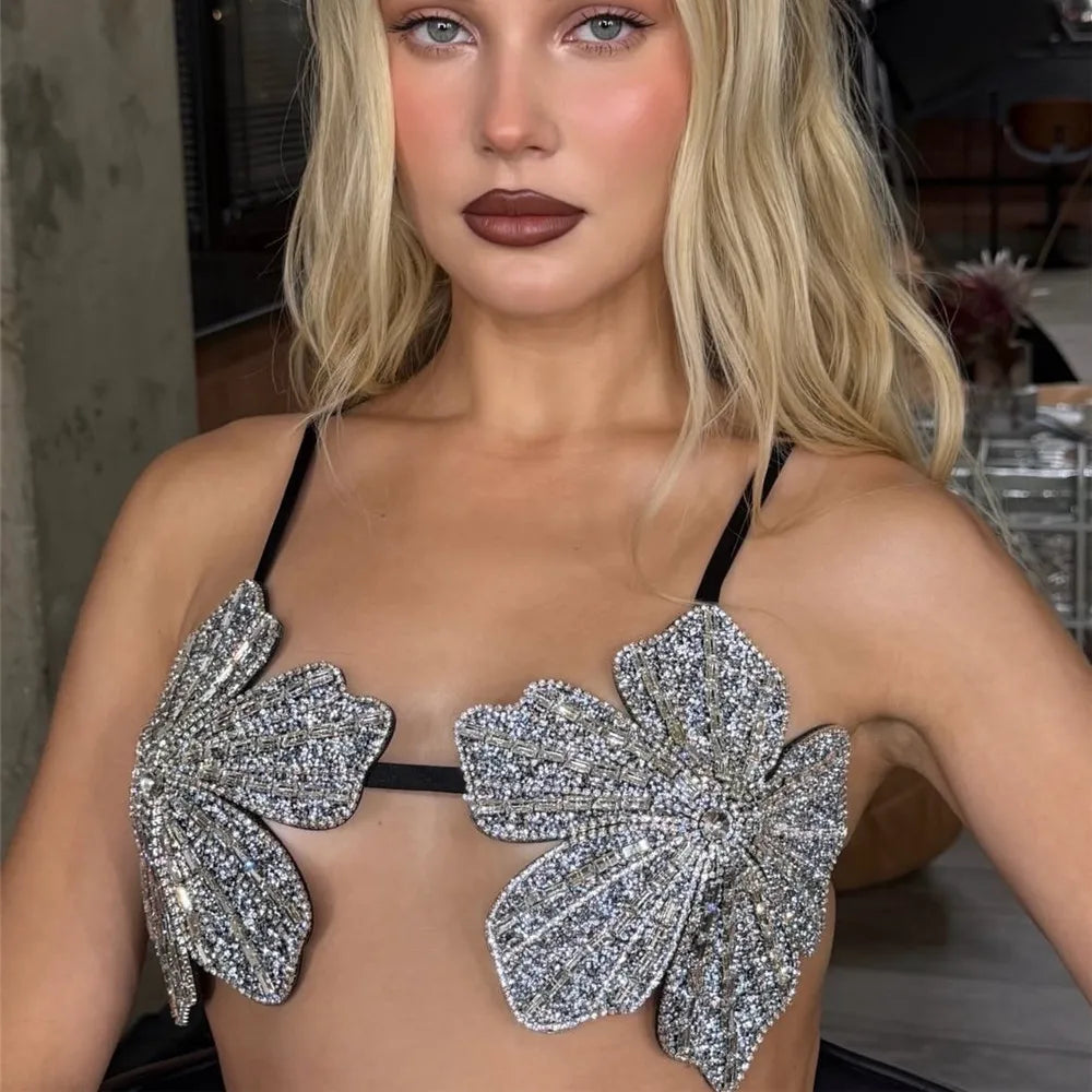 VacationGrabs Handmade Women Sexy Carnival Festival Bralette Outfit Female Rhinestone Embellished Top Flora Crystal Bra Top Party Club