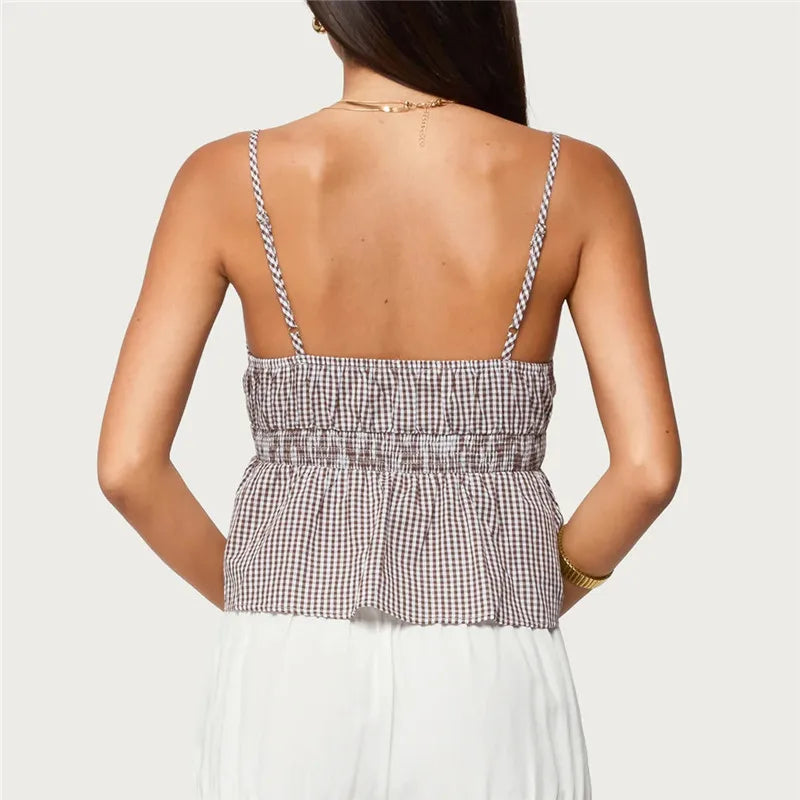 VacationGrabs Summer Gingham Cami Top for Women Sexy Tie Front Ruffle Hem Sleeveless Peplum Blouse Casual Spaghetti Strap Top