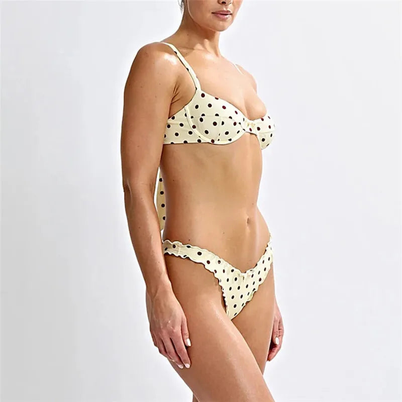 VacationGrabs Women Dots Print 2pcs Bikini Set Holiday Swimsuits Tie-Up Back Bikini Tops Low Rise Thongs Female Bathing Suit Beachwear