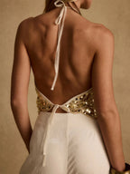 VacationGrabs Womens Halter Sequin Tank Top Backless Tie Up Sexy Sparkly Crop Top Sleeveless Glitter Party Tops Sexy Clubwear