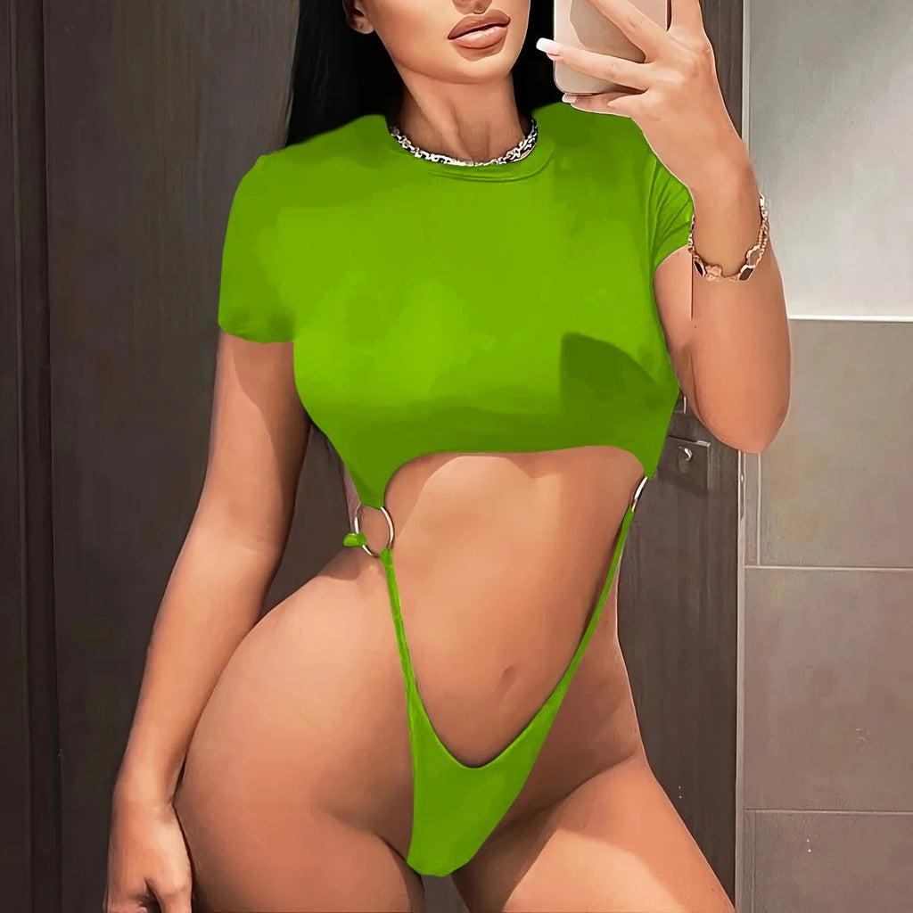 VacationGrabs Women Lingerie Thong Jumpsuit Solid Color Short Sleeve Round Neck Slim Fit Bodysuit Rompers Bodycon Sleepwear