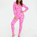 VacationGrabs Women Bodycon Jumpsuits Heart Print V-Neck Long Sleeve Rompers Fall Winter Casual Playsuits Valentine's Day Clothes