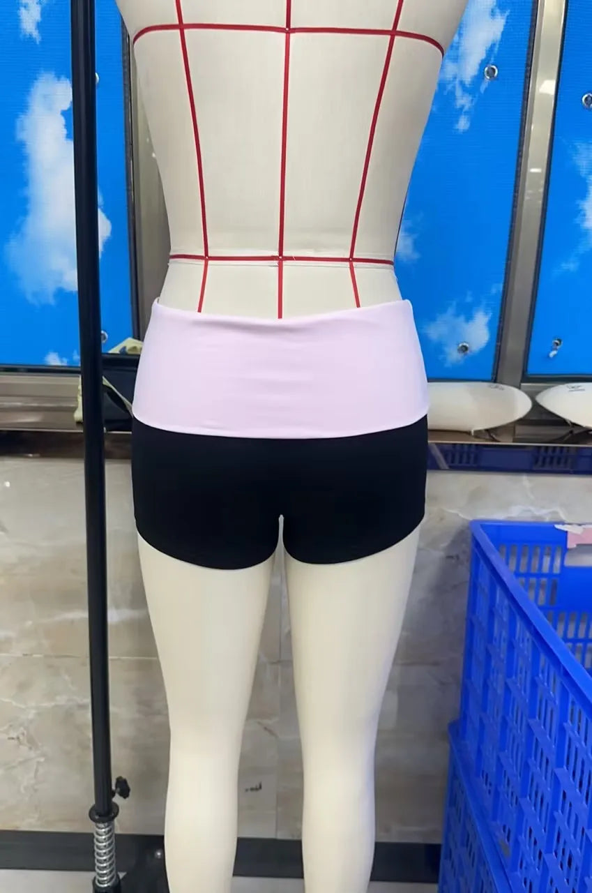 VacationGrabs Color Block Biker Shorts for Women Low Waist Fold Over Waistband Slim Fit Booty Shorts Streetwear Aesthetic Casual Pants