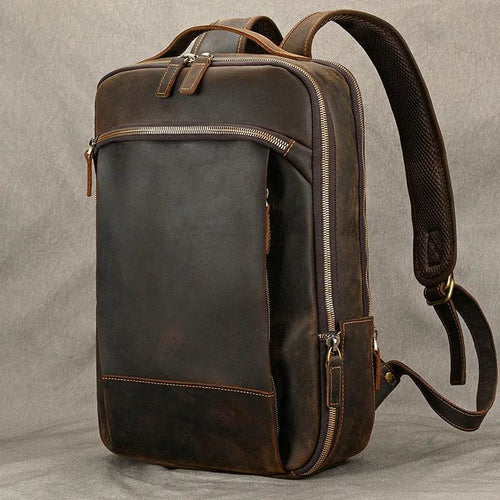 Vintage Travel Backpack Crazy Horse Leather Double Zipper Bag - VacationGrabs