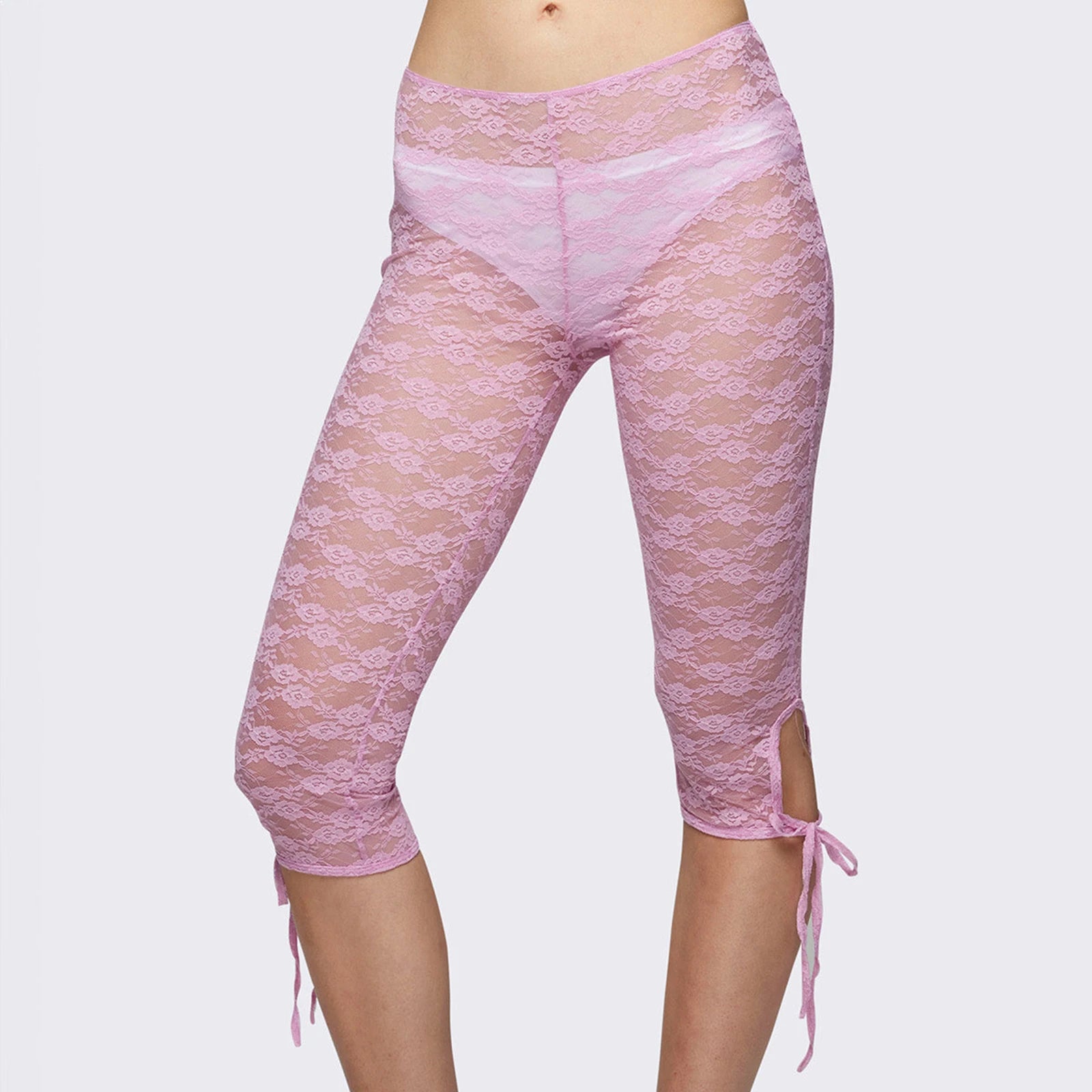 VacationGrabs Lace Capri Leggings for Women Y2k Mesh See Through Pants Fairycore Floral Lace Tights Pants for Daily Streetwear