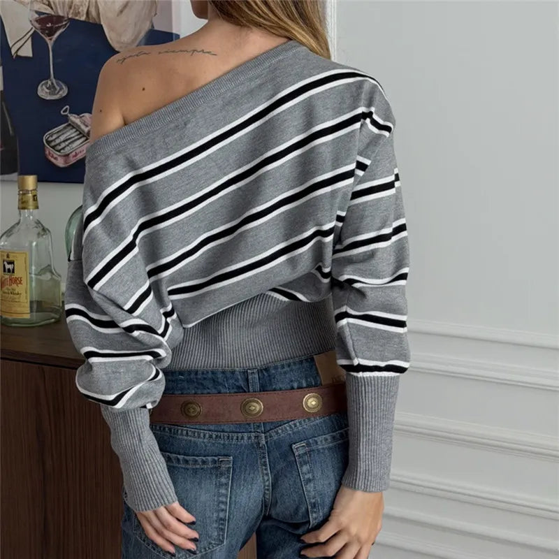 VacationGrabs Vintage Stripe Asymmetrical One Shoulder Knit Top Women Batwing Sleeve Ribbed Hem Cropped Sweater Winter Fall Streetwear