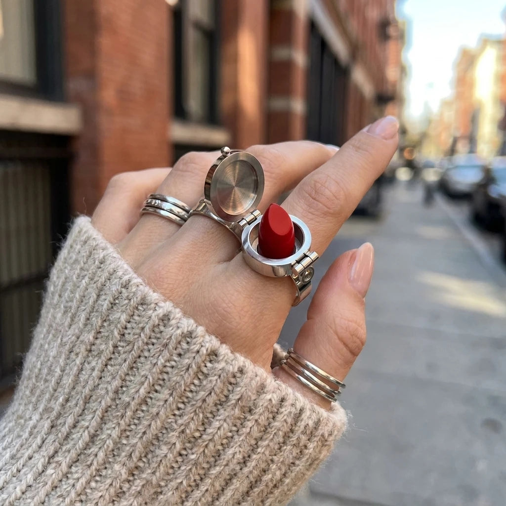 Unique Hidden Lipstick Stainless Steel Open Ring for Women 18K Waterproof Lip Balm Holder Ring Party Daily Jewelry Creative Gift