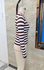 VacationGrabs Ladies Striped Ribbed Knit Crop Top Boat Neck Long Sleeve Form Fitting Slim Fit Casual Streetwear Fall Winter Daily Wear