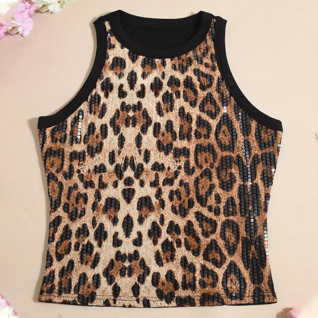 VacationGrabs Women's Summer Slim Fit Vest Crop Tops Sleeveless Round Neck Sequins/Leopard Print Cami Tank Tops Y2K Party Clubwear