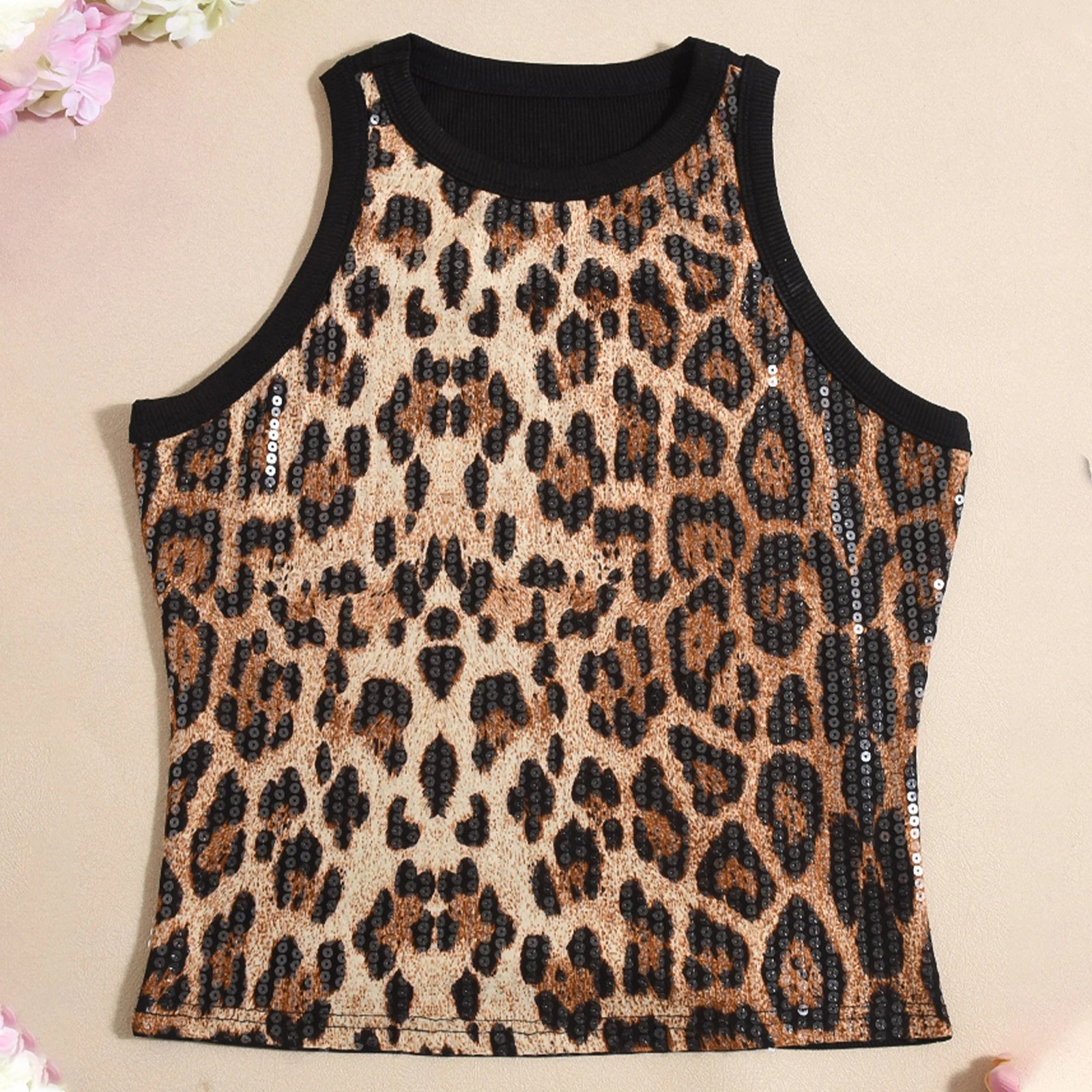 VacationGrabs Women's Summer Slim Fit Vest Crop Tops Sleeveless Round Neck Sequins/Leopard Print Cami Tank Tops Y2K Party Clubwear