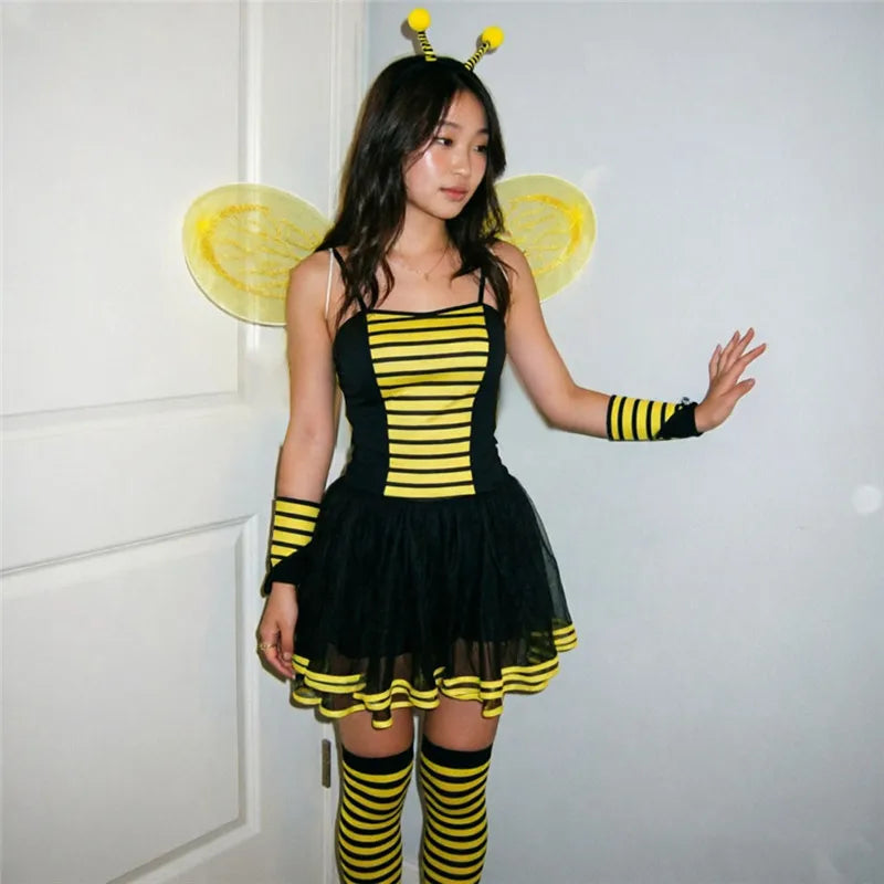 VacationGrabs Women Bumble Bee Halloween Costume Striped Tutu Dress With Bee Wings Antenna Headband Gloves Stockings Cosplay Outfit