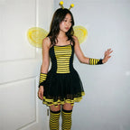 VacationGrabs Women Bumble Bee Halloween Costume Striped Tutu Dress With Bee Wings Antenna Headband Gloves Stockings Cosplay Outfit