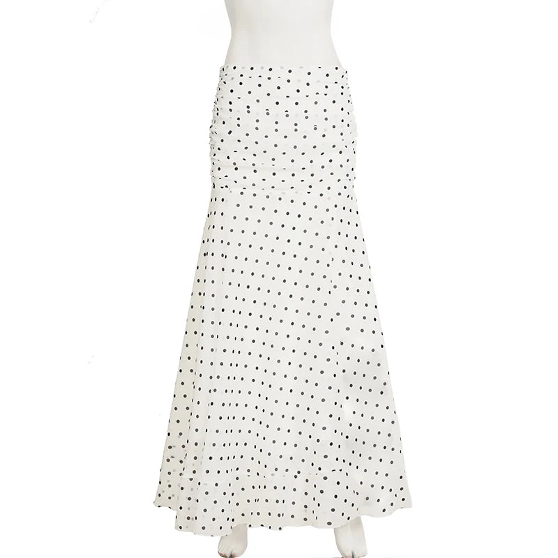 VacationGrabs Polka Dot Floor-length Chiffon Skirt French Style Ruffled Mesh A-line Skirts Elegant Maxi Bottoms High Waist Streetwear