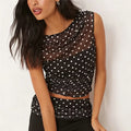 VacationGrabs Summer Ladies Sheer Polka Dot Mesh Top Asymmetric Off Shoulder Ruched Sleeveless Blouse Casual Daily Summer Streetwear