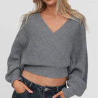VacationGrabs Women's Wrap V Neck Sweaters Tops Street Long Sleeve Tie-up Back Solid Color Knit Tops Pullovers Winter Fall Knitwear