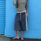 VacationGrabs Elastic Drawstring Waist Side Stripes Cropped Seven Pants Women Loose Wide Leg Sweat Jogger Casual Street Bottoms