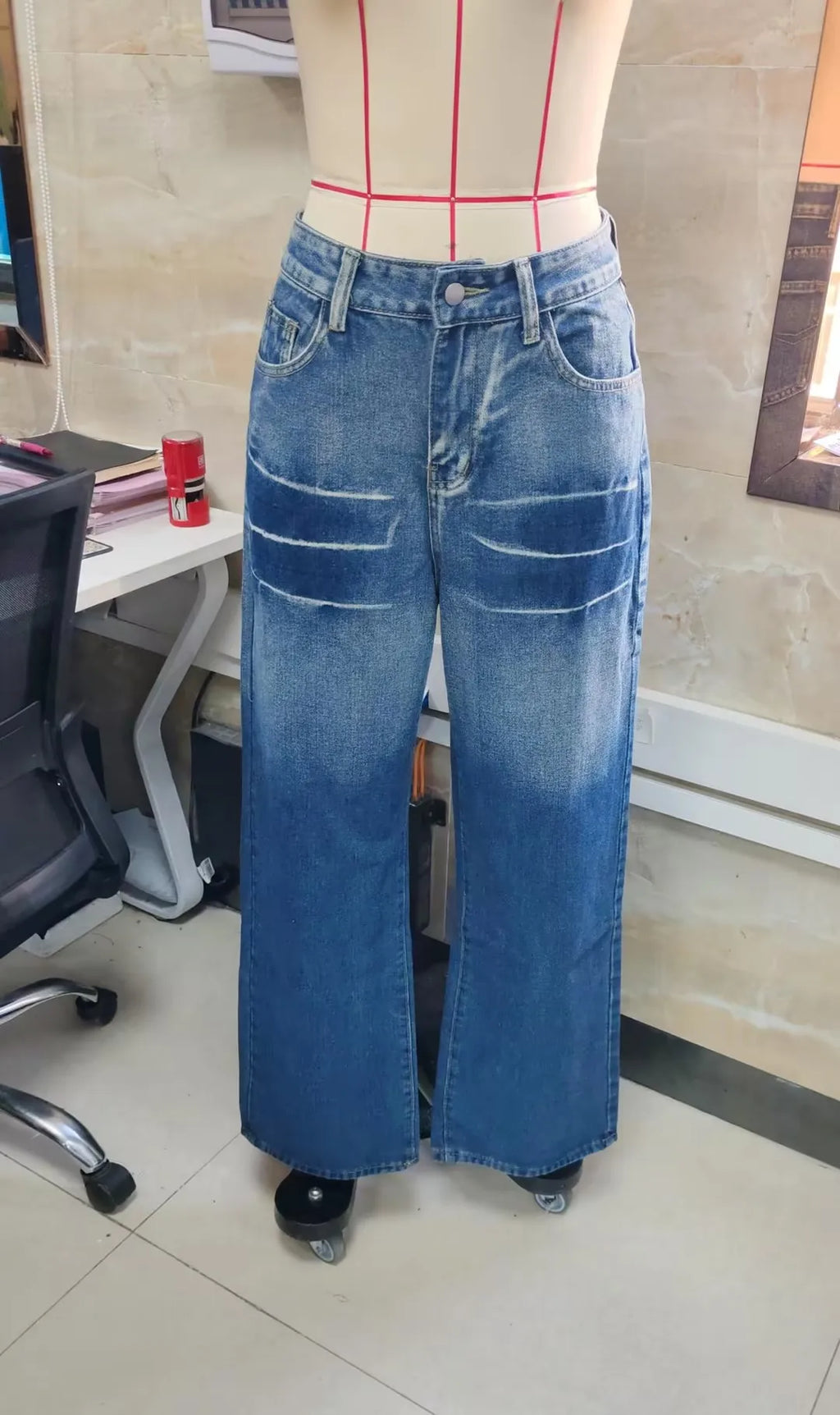 VacationGrabs Women Water Washed Denim Pants Low Rise Retro Gradient Loose Straight Leg Jeans with Pockets Vintage Streetwear