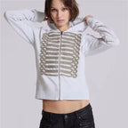 VacationGrabs Women Cropped Zip Up Hoodie Metallic Braided Embroidery Long Sleeve Ribbed Hem Y2K Streetwear Short Hooded Sweatshirt