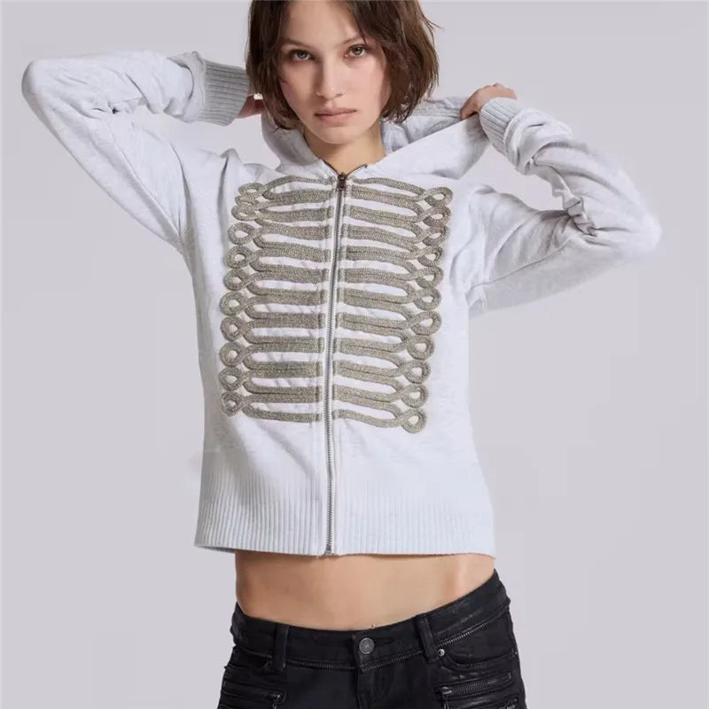 VacationGrabs Women Cropped Zip Up Hoodie Metallic Braided Embroidery Long Sleeve Ribbed Hem Y2K Streetwear Short Hooded Sweatshirt
