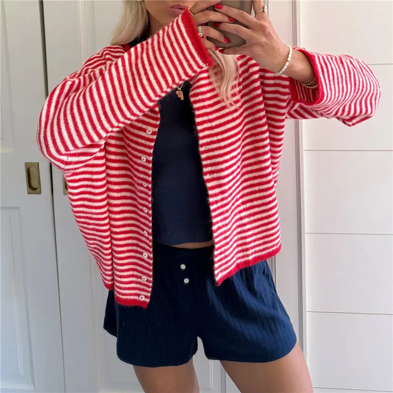 Y2K Crew Neck Open Front Button Down Long Sleeve Knit Sweaters Womens Striped Cardigan Sweater Casual Winter Fall Outerwear