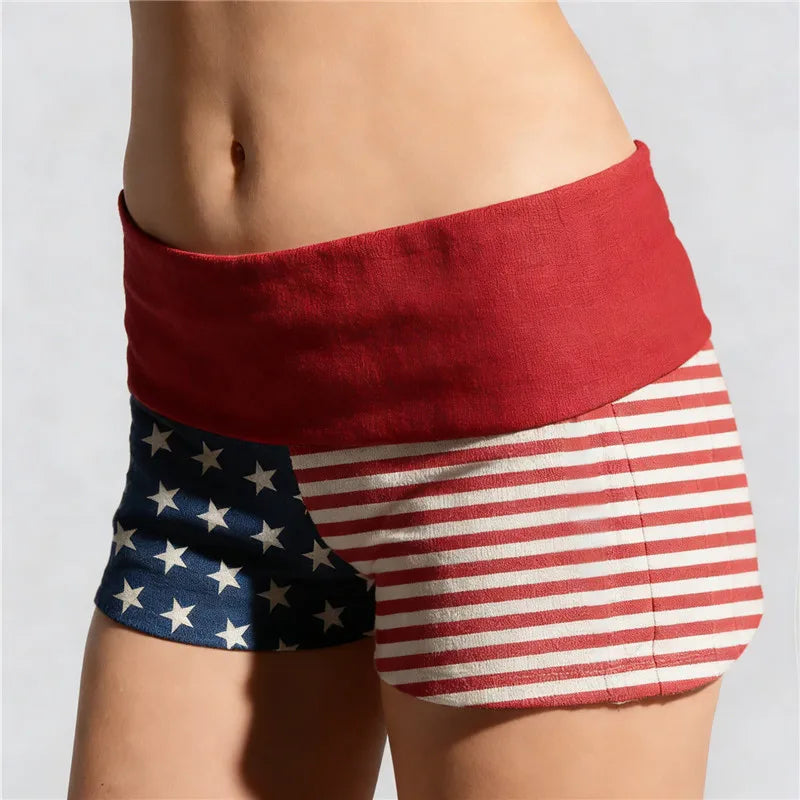 VacationGrabs Womens Patriotic Shorts Casual Foldover Waist Stars and Stripes Print Slim Fit Shorts Streetwear Shorts Independence Day