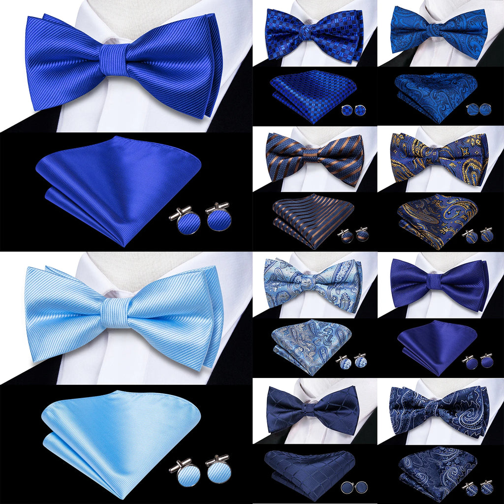 Various blue bow tie silk sets with matching pocket squares and accessories