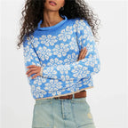 VacationGrabs Oversized Cropped Knit Sweater Women Roll Neck Floral Jacquard Pattern Contrast Trim Long Sleeve Loose Pullover Knit Top